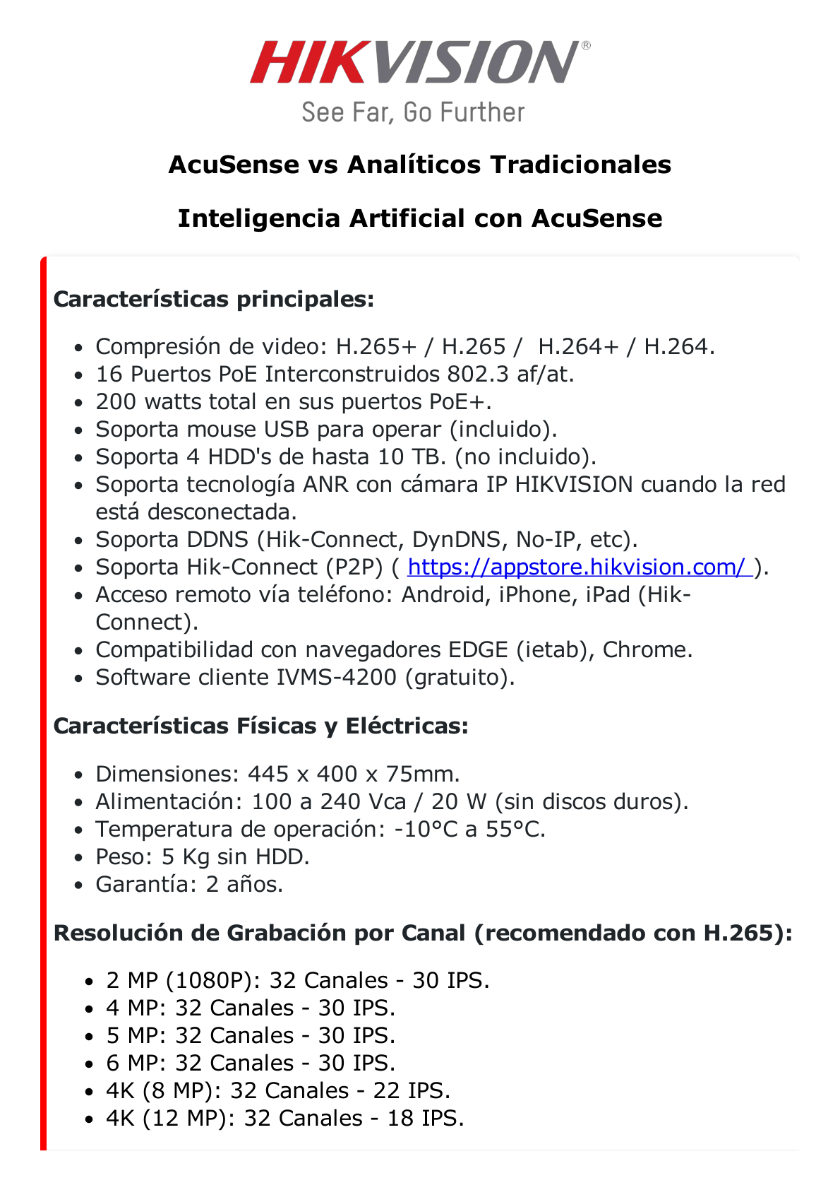 NVR 12 Megapixel (4K) / 32 canales IP / 16 Puertos PoE+ / Reconocimiento Facial / AcuSense (Evita Falsas Alarmas) / 4 Bahías de Disco Duro / Switch PoE 300 mts / HDMI en 4K / Alarmas I/O