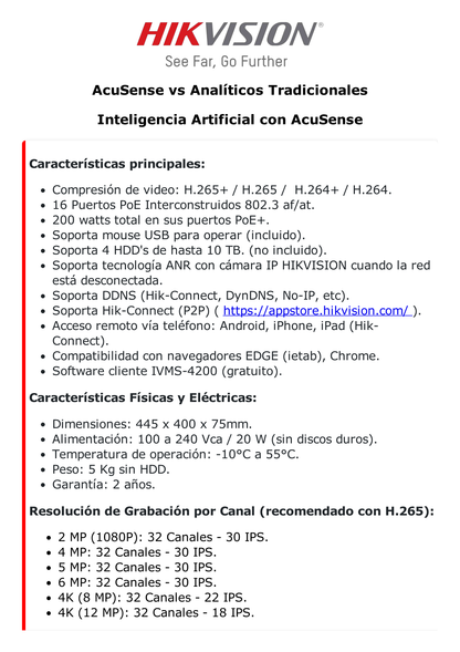 NVR 12 Megapixel (4K) / 32 canales IP / 16 Puertos PoE+ / Reconocimiento Facial / AcuSense (Evita Falsas Alarmas) / 4 Bahías de Disco Duro / Switch PoE 300 mts / HDMI en 4K / Alarmas I/O