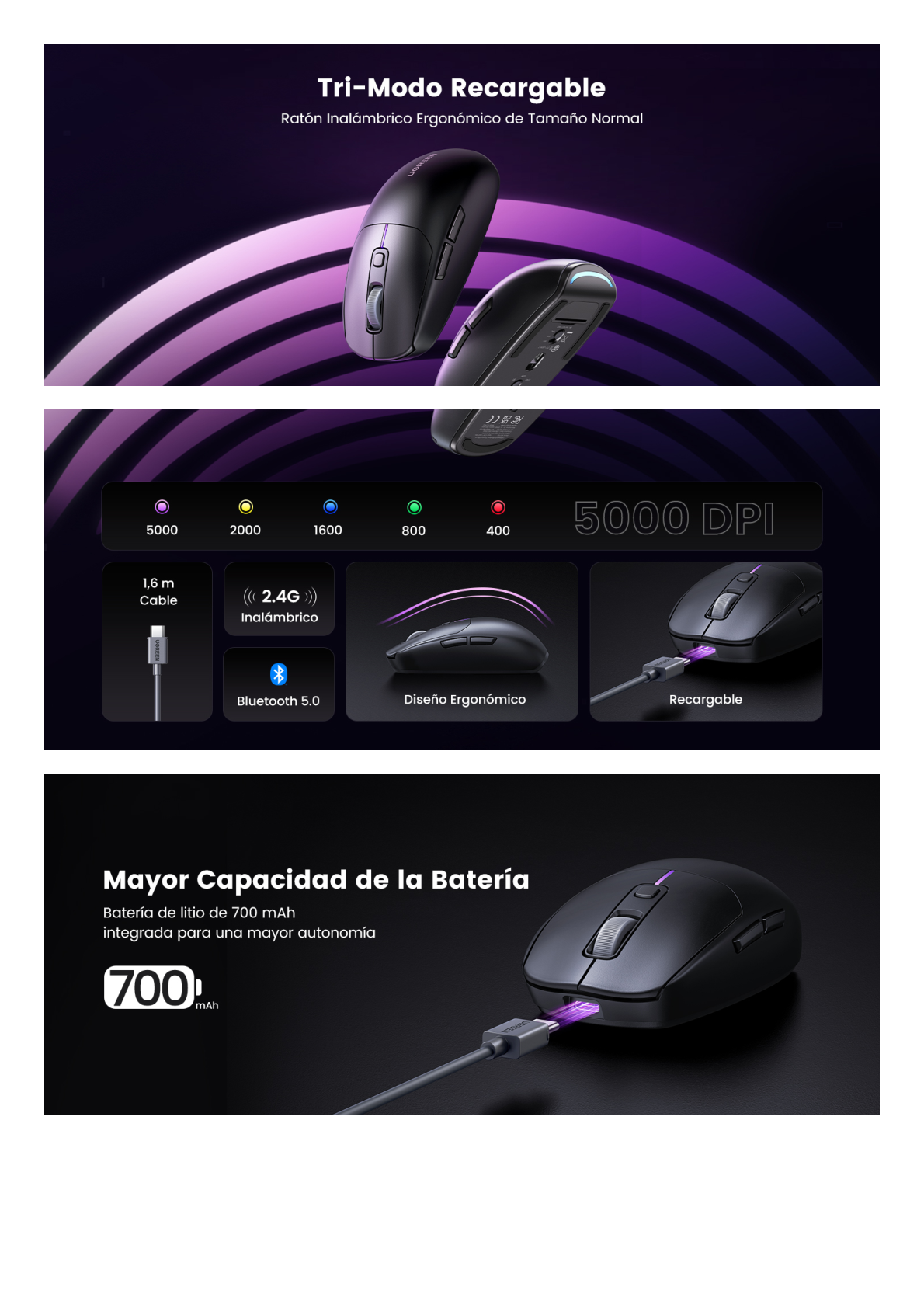 Mouse Gaming Inalámbrico| 5000 DPI | 5 Niveles de DPI  |6 Botones | Recargable | Tri-Modo USB/BT/2,4 GHz | Diseño Ergonómico | Alta Capacidad de Batería | Luz Led | Compatible con Windows macOS Android iOS Linux.