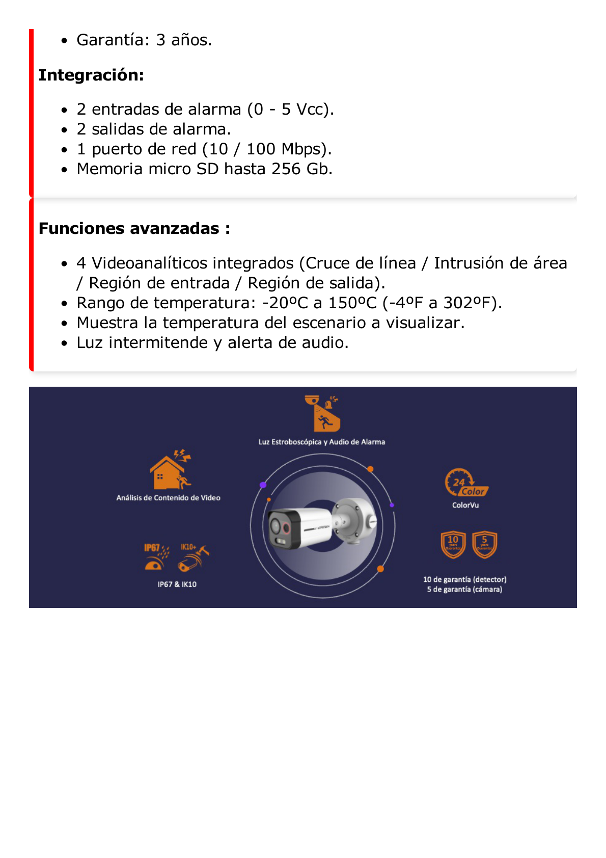 Bala IP Dual / Térmica 2.6 mm (96 x 72) / Óptico 6 mm (4 Megapixel) / Detección de Intrusión por VCA 30 mts /30 mts Luz Blanca / Exterior IP67 / PoE / Sirena y Luz Intermitente Integrada / Micro SD / ColorVu y ACUSENSE