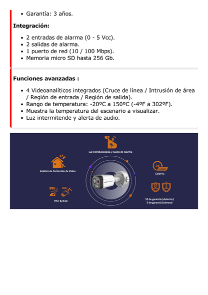 Bala IP Dual / Térmica 2.6 mm (96 x 72) / Óptico 6 mm (4 Megapixel) / Detección de Intrusión por VCA 30 mts /30 mts Luz Blanca / Exterior IP67 / PoE / Sirena y Luz Intermitente Integrada / Micro SD / ColorVu y ACUSENSE