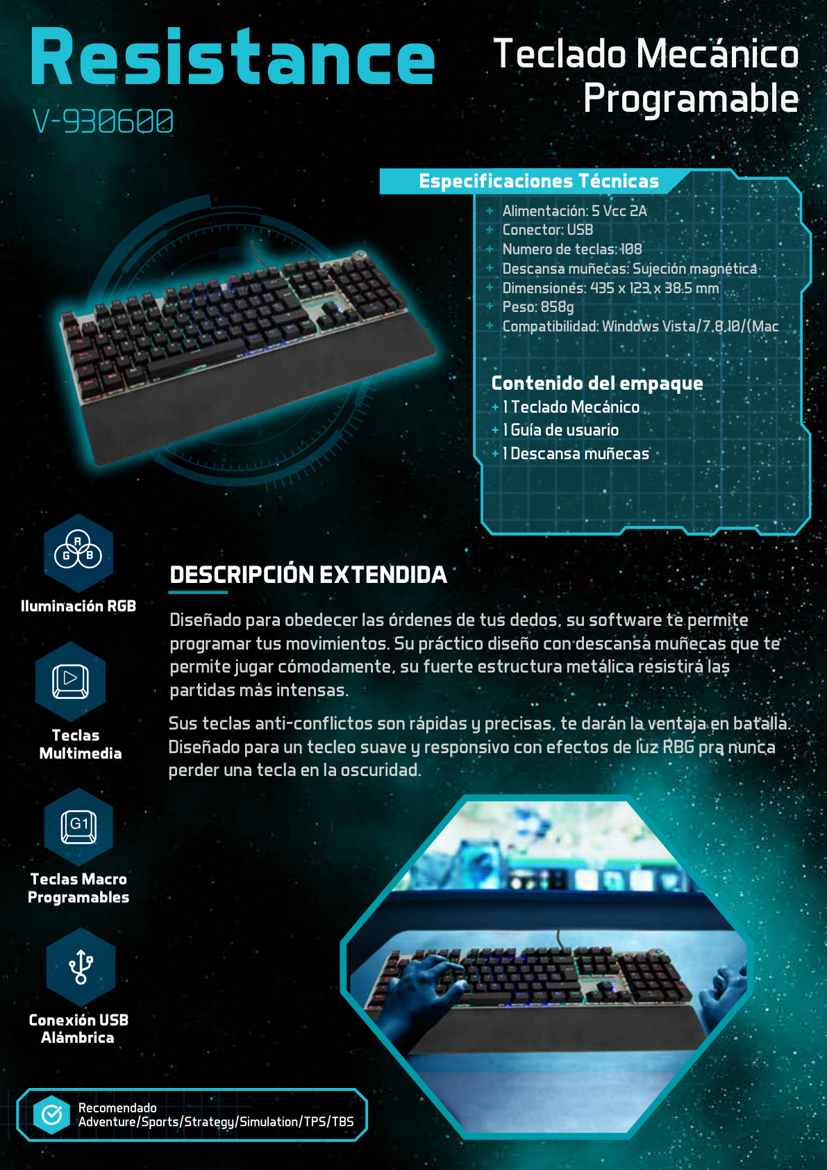 Teclado Gamer Vortred Alámbrico Resistance RGB USB Negro