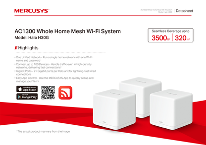 Sistema Halo H30G (3 piezas) Mercusys Mesh Wi-Fi AC1300 (2 puertos RJ45 gigabit por pieza) Beamforming