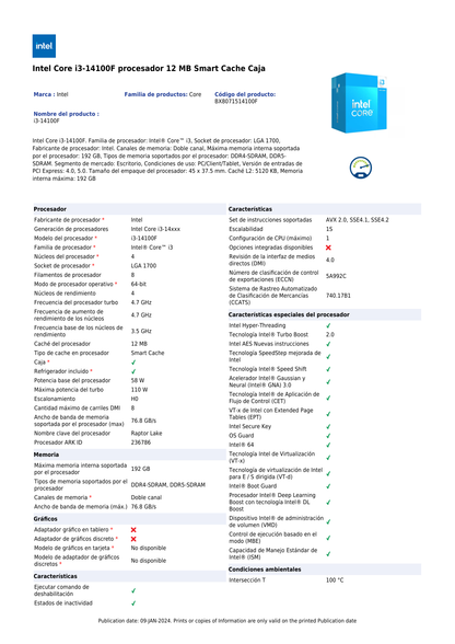 Procesador Intel Core i3-14100F con disipador sin graficos LGA 1700 14a Gen 4Core 3.5Ghz 58w