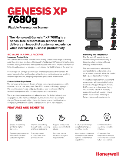 Lector de Codigo de Barras Honeywell 7680GSR-2USB-1-N Genesis Alambrico Imager 1D  2D Pdf Kit Usb Base