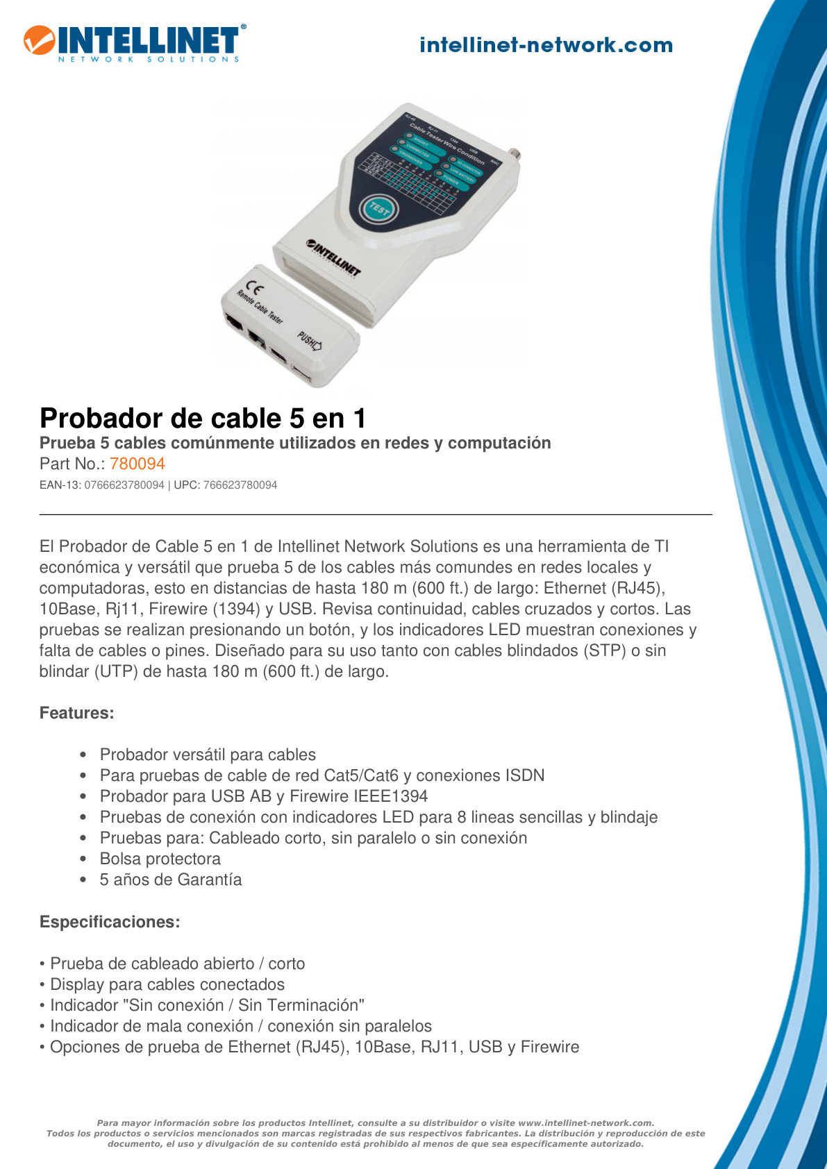 PROBADOR DE CABLES INTELLINET RJ11 RJ45 USB FIREWIRE