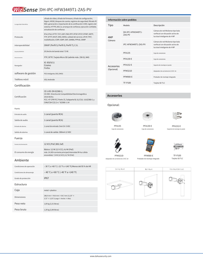 Camara Dahua DH-IPC-HFW3449T1-ZAS-PV ip bullet 4 mpx lente varifoca IR 50 m plastico exterior audio bidireccional ip67