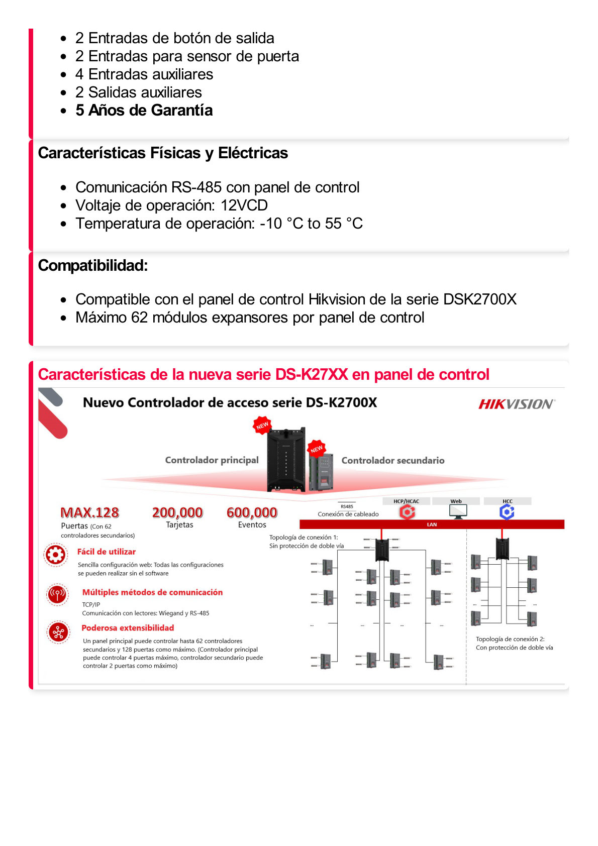 Expansor de 2 Puertas para Paneles de Control de Acceso DS-K27 Series / Comunicación RS-485 / 4 Entradas y 2 Salidas Auxiliares