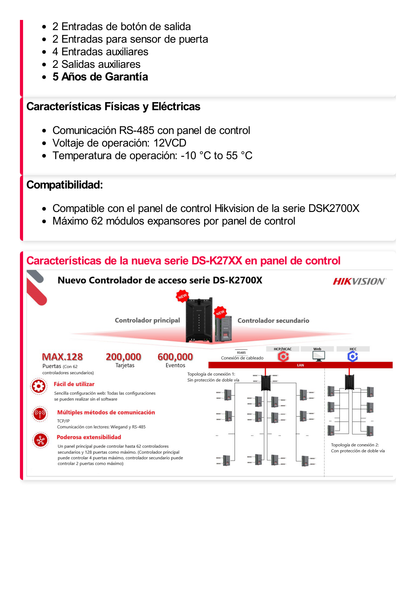 Expansor de 2 Puertas para Paneles de Control de Acceso DS-K27 Series / Comunicación RS-485 / 4 Entradas y 2 Salidas Auxiliares