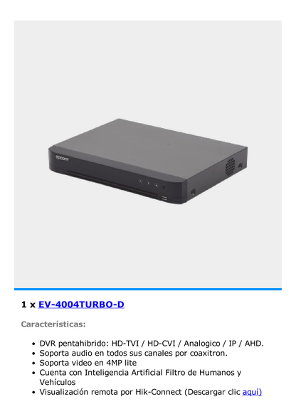 KIT TurboHD 1080p / DVR 4 Canales / 4 Cámaras Bala Policarbonato con Audio Integrado (exterior 2.8 mm) / Transceptores / Conectores / Fuente de Poder Profesional