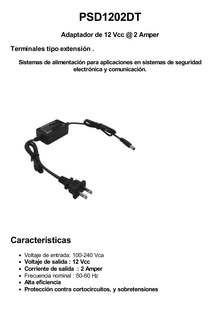 Adaptador  12 Vcc / 2 Amp / Con Terminales de Extensión / Distancias de cable hacia Vca 50 cm / Distancia de cable hacia dispositivo de 50 cm