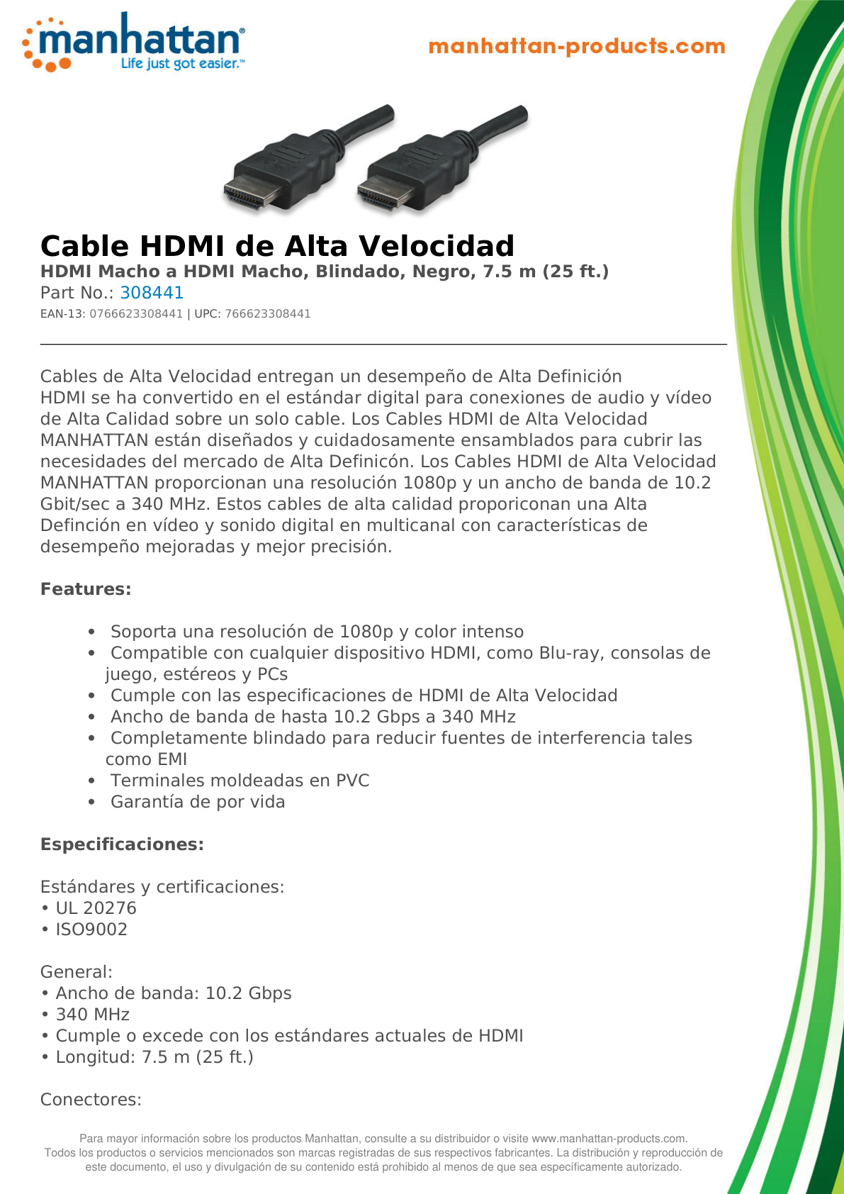 CABLE MANHATTAN HDMI 1.3 M-M 7.5M