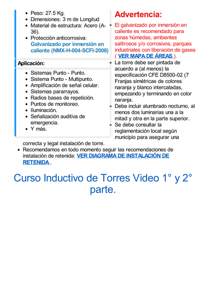 Tramo de Torre Arriostrada de 3m x 45cm, Galvanizado por Inmersión, Hasta 60 m de Elevación. Zonas Húmedas.