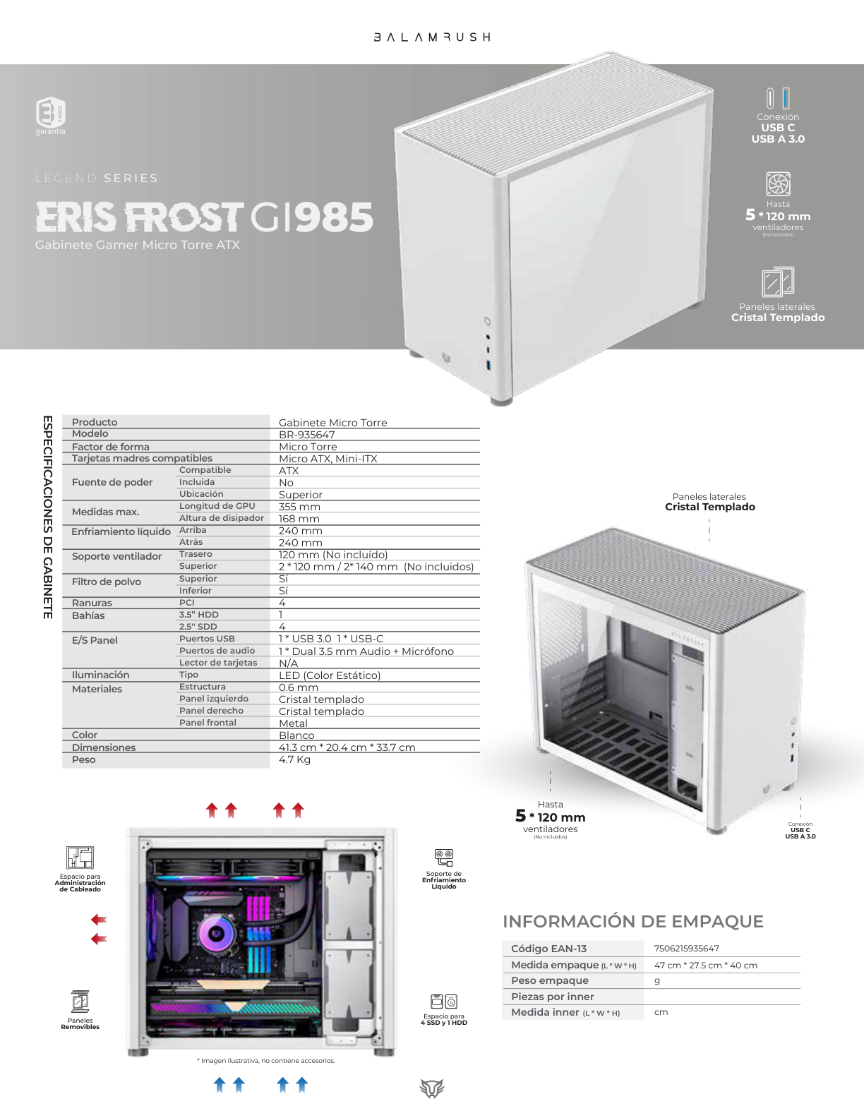 Gabinete Balam Rush Eris Frost GI985 Blanco Sin Fuente Micro Torre con Cristal