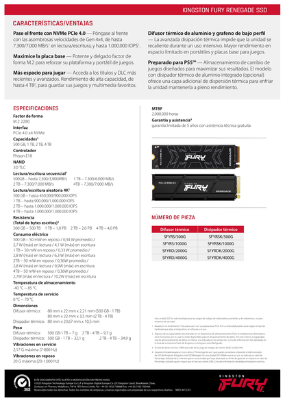 SSD M.2 2280 NVME/PCIE 4TB Kingston FURY Renegade PCIE 4.0 SFYRD/4000G