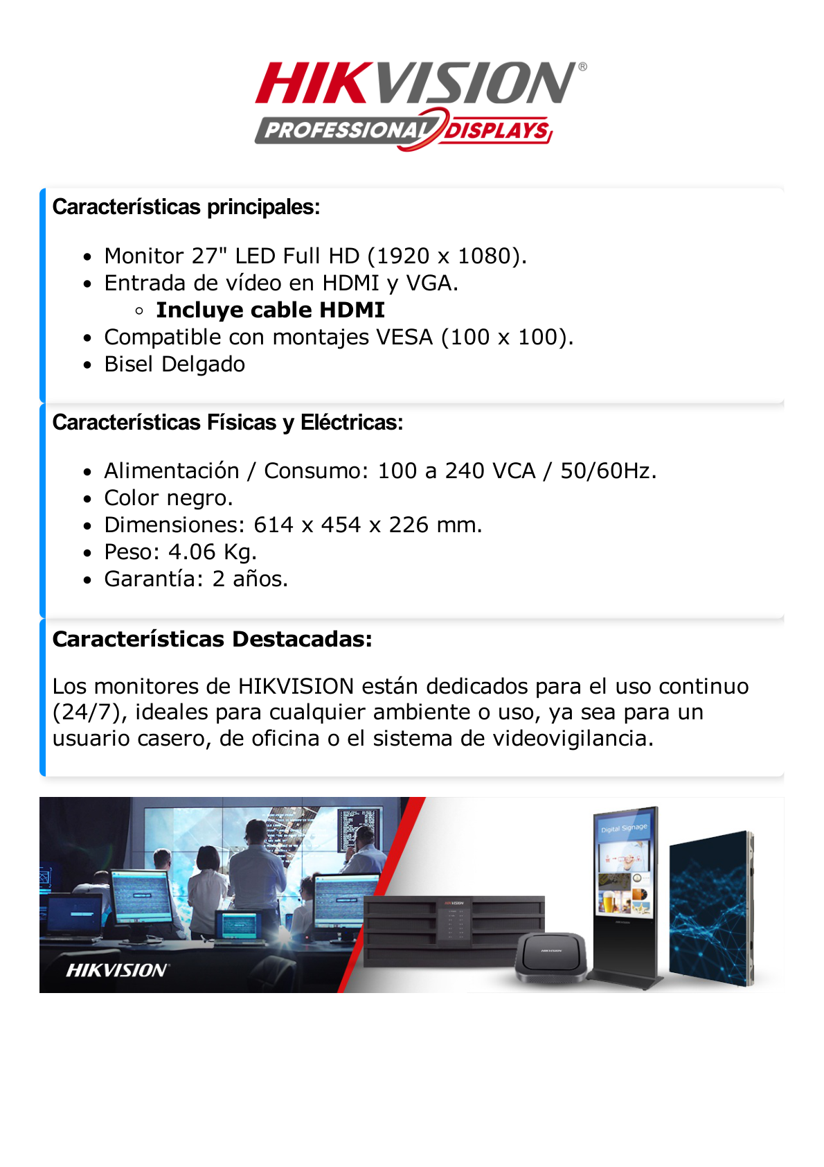 Monitor LED Full HD de 27" / Ideal para CCTV, Oficina y Hogar / Entrada HDMI-VGA / Montaje VESA (100 X 100) / Uso 24/7