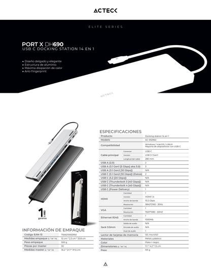 HUB DOCKING ACTECK TIPO C 15 EN 1PLATA NEGRO ANTI FINGER-PRINT PORT X DH690 REQUIERE DISPLAY PORT ALT MOD/PD POWER