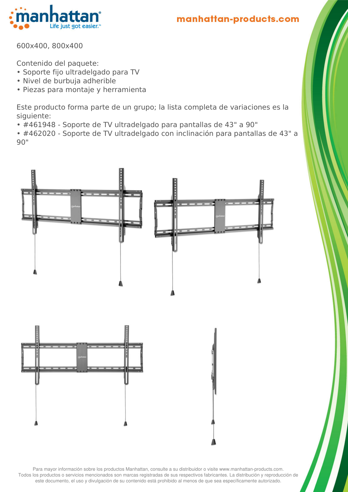 Soporte Manhattan para TV 43 a 100 pulg pared 70KG fijo ultra delgado negro plano o curvo