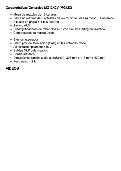 Mezcladora de Audio | 12 Canales | 6 Entradas de Micrófono/línea | 2 Entradas Estéreo | Efectos Integrados | Alimentación Phantom | MG12X