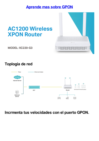 ONU/ONT - GPON Router inalámbrico AC 1200 / 1 Puerto PON SC/APC / 2 Puertos LAN 10/100/1000 MBPS / Soporta AgiNet Config - AgiNet ACS