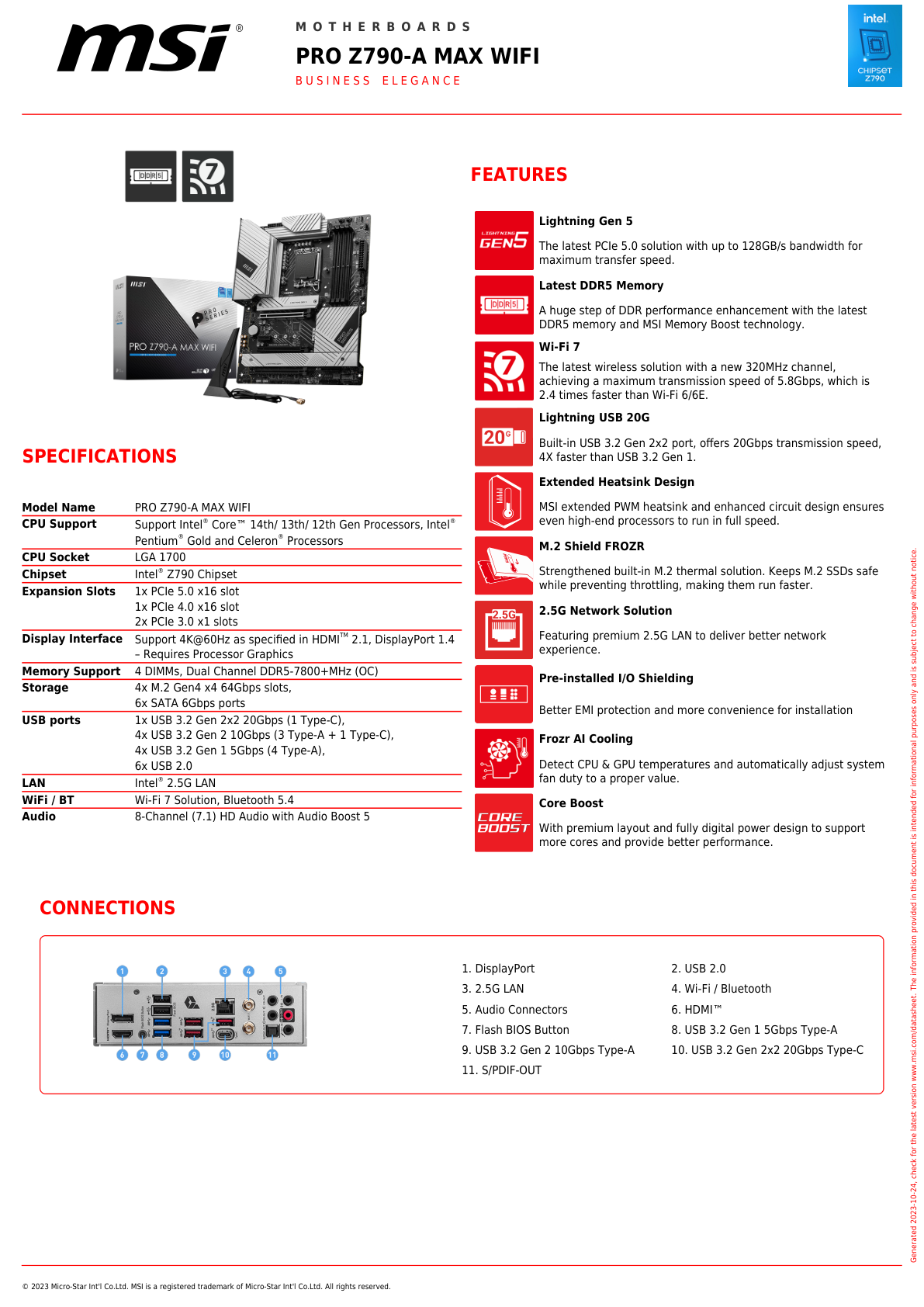 Tarjeta madre MSI Pro Z790-A Max Wifi socket 1700 Gen 12/13/14 4xDDR5 HDMI DP ATX