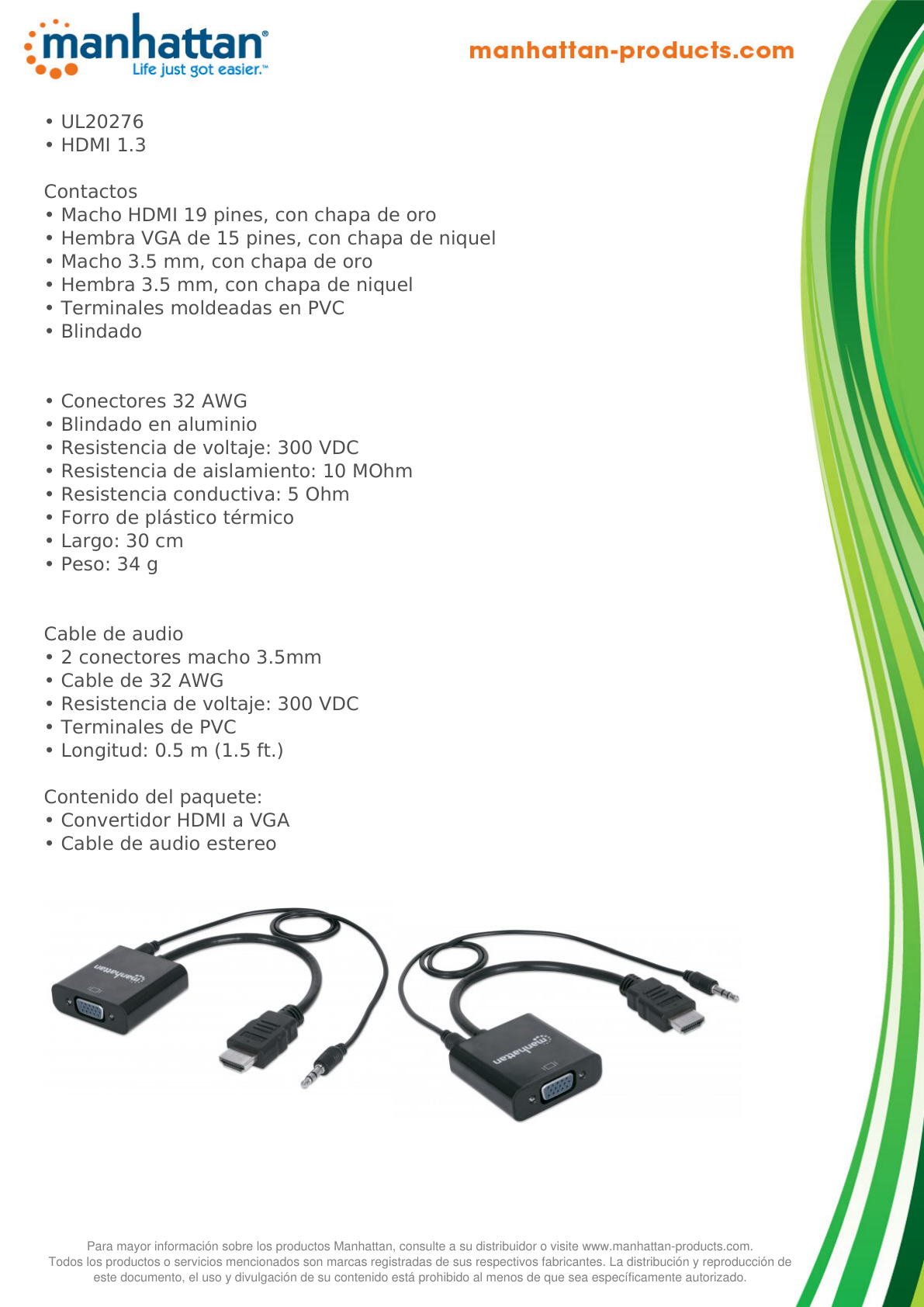 CONVERTIDOR MANHATTAN HDMI MACHO A VGA + AUDIO HEMBRA NEGRO