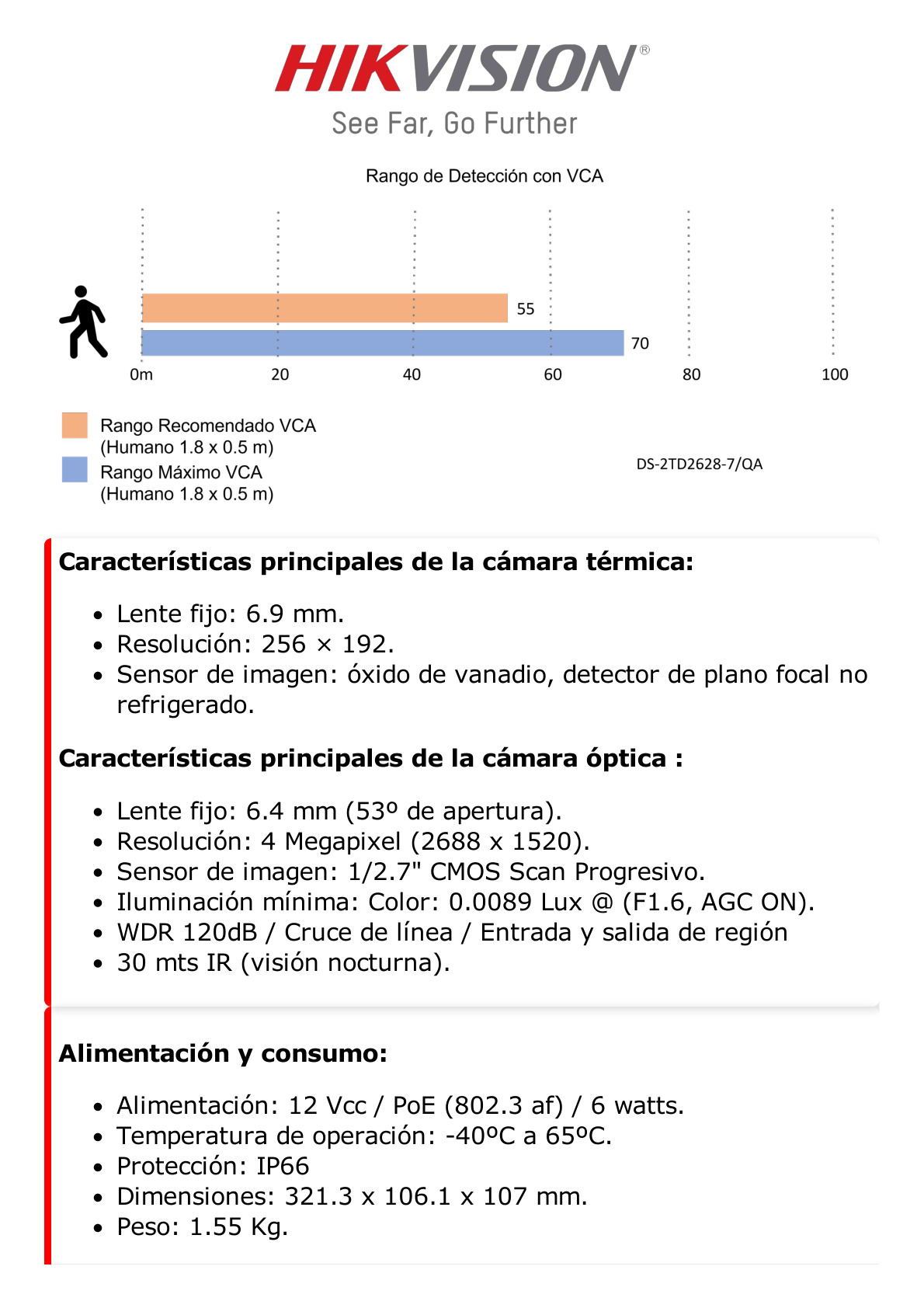 Bala IP Dual / Térmica 6.9 mm (256 x 192) / Óptico 6.4 mm (4 Megapixel) / 30 mts IR / Exterior IP67 / PoE / Termométrica / Detección de Temperatura / Sirena y Luz Intermitente Integrada / microSD