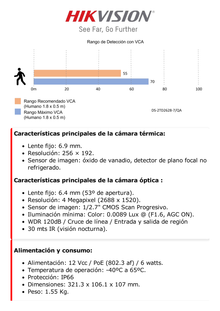 Bala IP Dual / Térmica 6.9 mm (256 x 192) / Óptico 6.4 mm (4 Megapixel) / 30 mts IR / Exterior IP67 / PoE / Termométrica / Detección de Temperatura / Sirena y Luz Intermitente Integrada / microSD