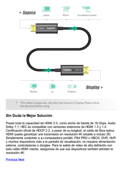 Cable HDMI de 30 Metros por Fibra Óptica 4K@60Hz | Fibra de 4 núcleos + Cobre estañado de 7 núcleos | Compatible con HDMI 2.0 | Alta velocidad 18 Gbps | 3D | HDR | Carcasa de  Zinc | Premium | 2 Años de Garantía.