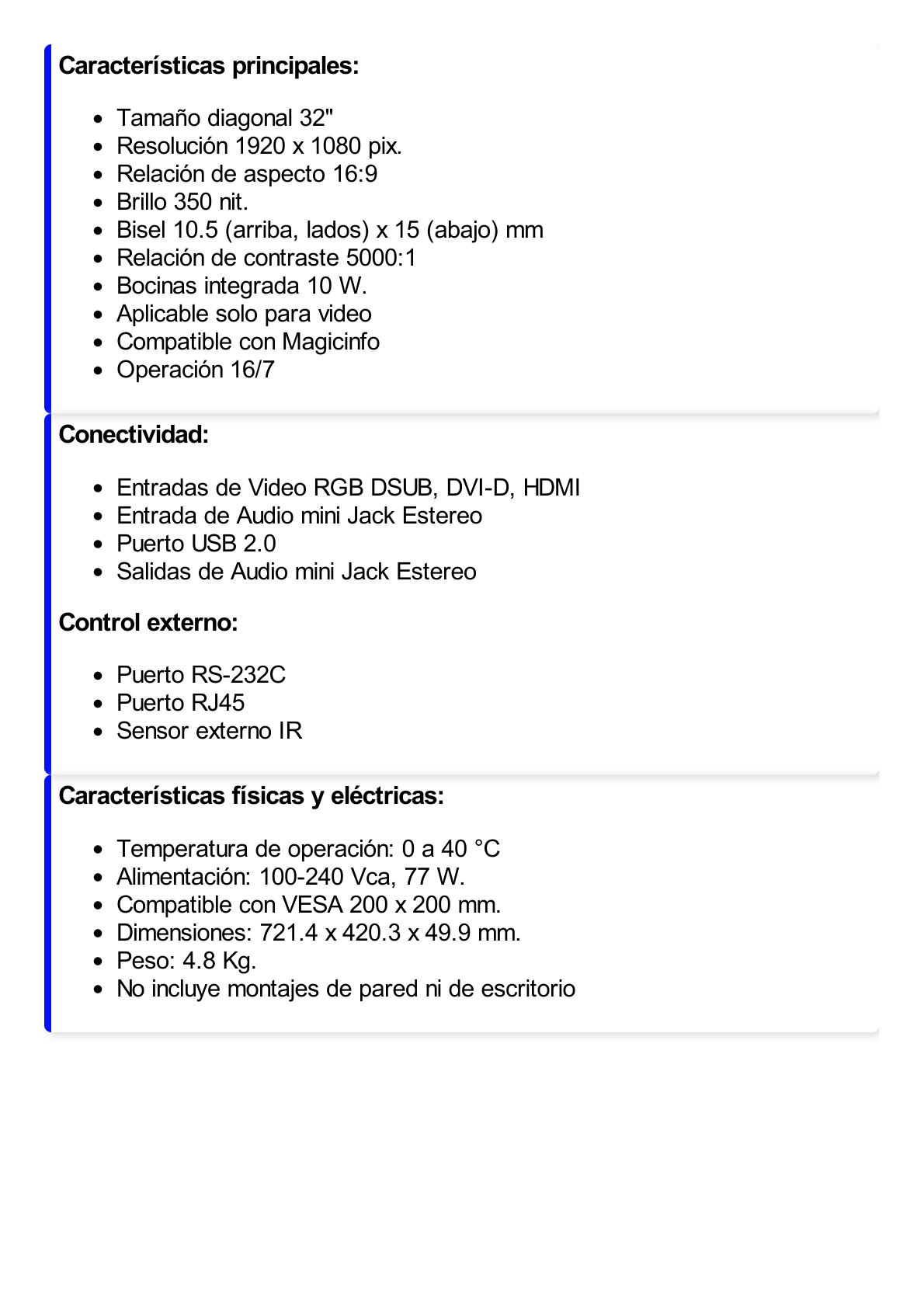 Pantalla Profesional LED de 32", Resolución 1920x1080p, Entradas de Video HDMI / DVI-D / Display Port. Bocina Integrada de 10 W. Compatible VESA