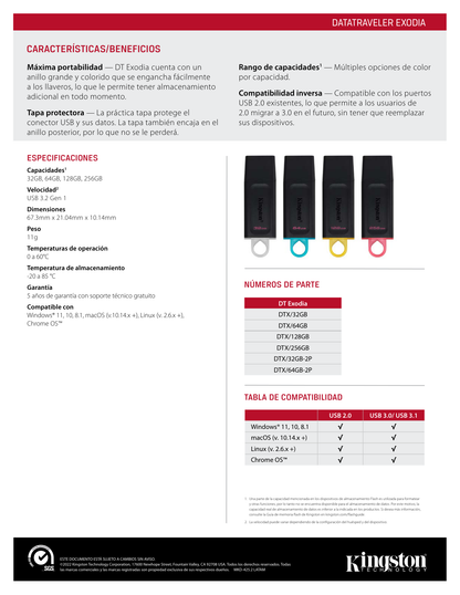 Memoria Kingston 64GB USB 3.2 Gen 1 Exodia Rojo KC-U2G64-7GR