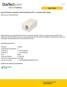 CAJA DE EMPALME STARTECH BEIGE CAT5  ACOPLADOR CABLE ETHERNET UTP - 2X HEMBRA RJ45 -