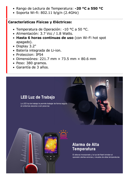 B20 - Cámara Termográfica Portátil Dual / Lente Térmico 3.6 mm (256 × 192) / Lente Optico / WiFi / IP54 / Hasta 6 Horas de Funcionamiento Continuo