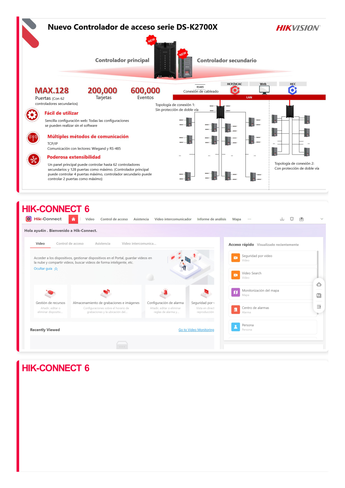 Controlador de 4 Puertas / Administrable en la Nube con Hik-Connect Teams / Interfaz Web / Expandible con Módulo DS-K2M002X (hasta 128 Puertas) / 200,000 Tarjetas / Wiegand / 8 Lectoras de Huella y Tarjeta