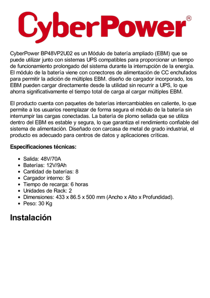 Módulo de Baterías Externas para Extensión de Tiempo de Respaldo, Compatible con UPS: PR1500RTXL2U, PR2200RTXL2U y PR3000RTXL2U