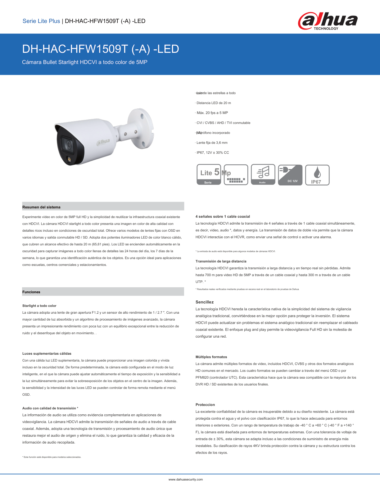 Camara Dahua DH-HAC-HFW1509TN-LED bullet full color 5 mpx lente 2.8 mm IR 20 m metalica 112 gds apertura IP67