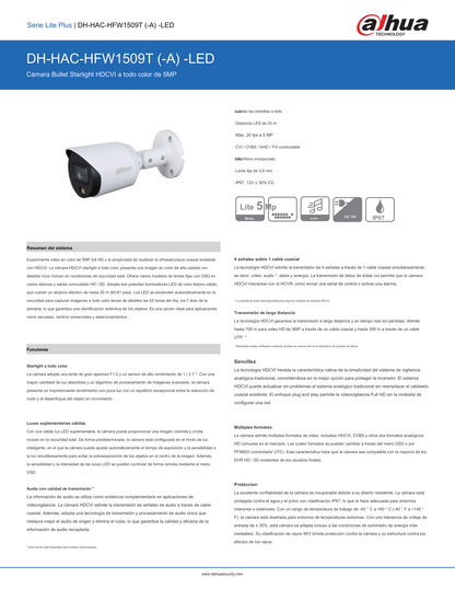 Camara Dahua DH-HAC-HFW1509TN-LED bullet full color 5 mpx lente 2.8 mm IR 20 m metalica 112 gds apertura IP67