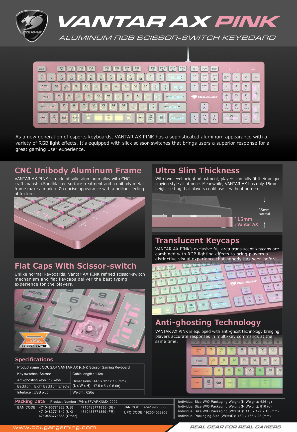 Teclado Cougar VANTARA X Rosa USB RGB marco de aluminio interruptores Scissor-Switch ultra delgado