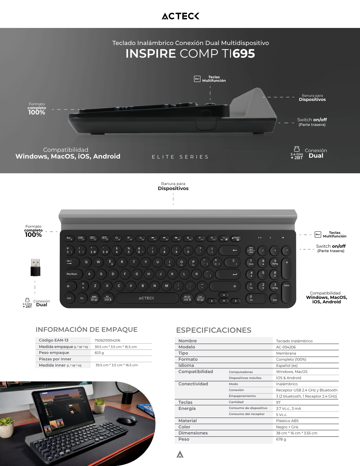 Teclado Acteck Inspire Comp TI695 Bluetooth Negro Soporte Para Dispositivos 2 Modos BT