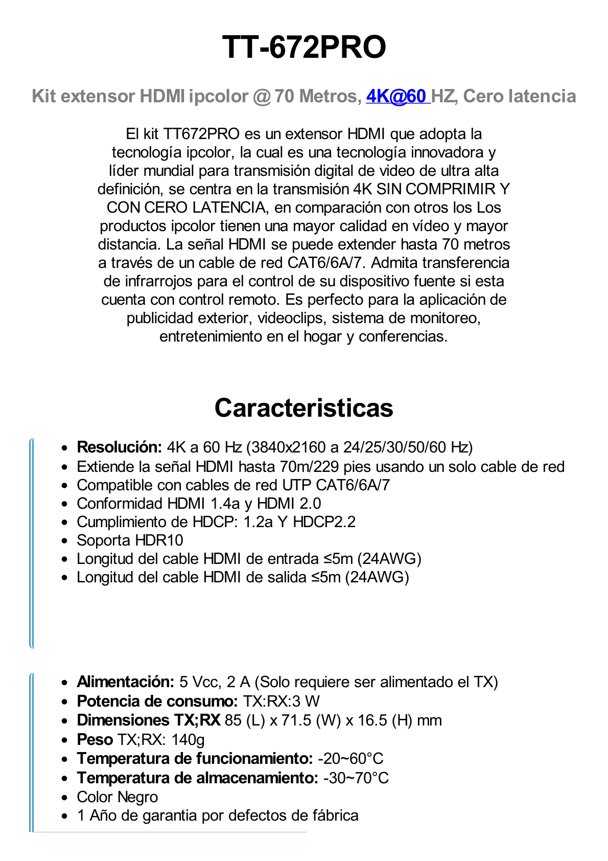 Kit Extensor HDMI para distancias de 70 metros / Resolución 4K x 2K@ 60 Hz/ Cat 6, 6a y 7 / IPCOLOR / CERO LATENCIA / SIN COMPRIMIR / Salida Loop / Control IR  / Salida de audio de 3.5mm / PoC