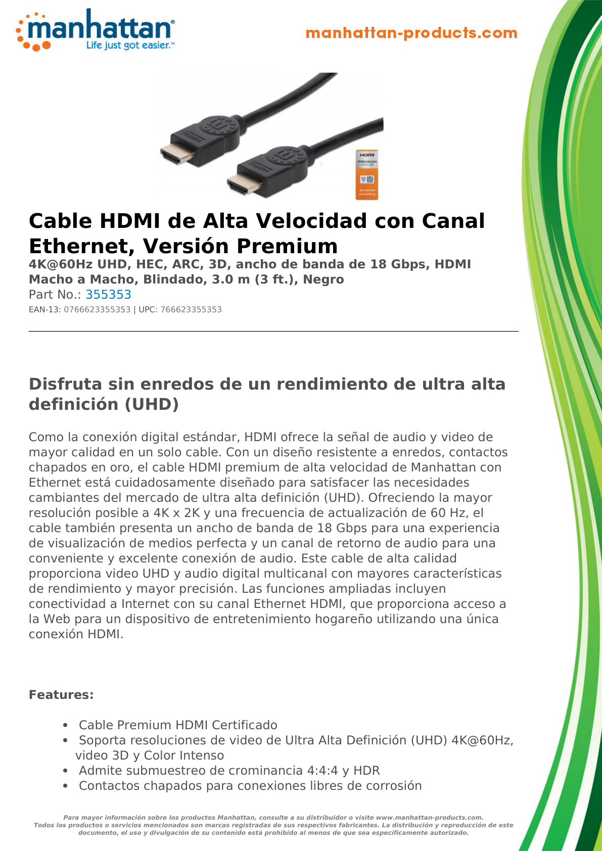 CABLE MANHATTAN HDMI 2.0 PREMIUM M-M 3M