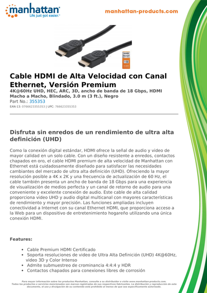 CABLE MANHATTAN HDMI 2.0 PREMIUM M-M 3M