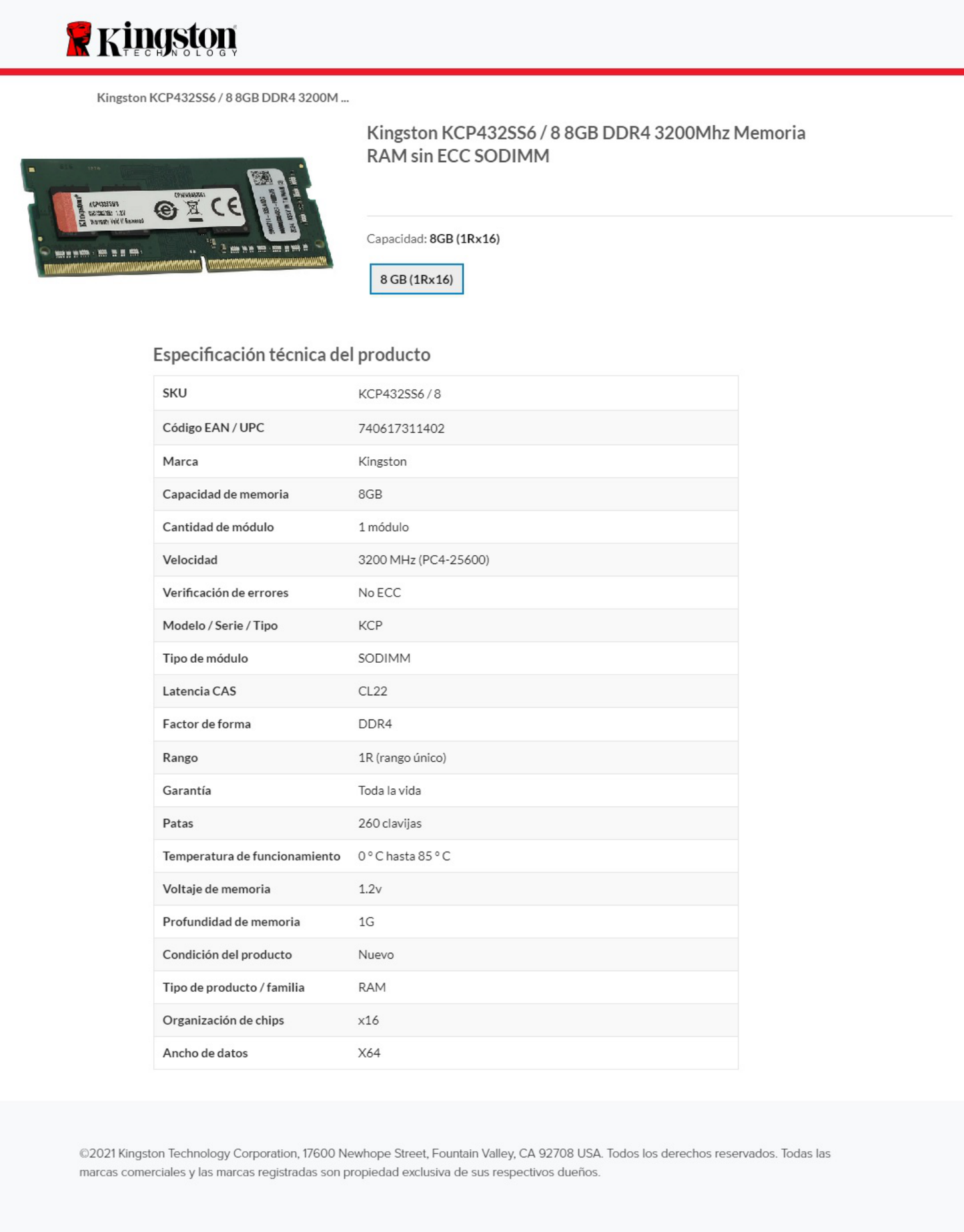 SODIMM KINGSTON 8GB DDR4 3200MHZ SINGLE RANK KCP432SS6/8