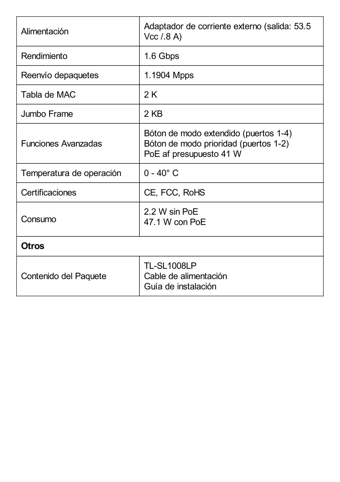 Switch PoE No Administrable de Escritorio / 8 puertos 10/100 Mbps / 4 puertos PoE af / Presupuesto 41 W / Modo extensor PoE hasta 250 metros / Calidad video prioritaria