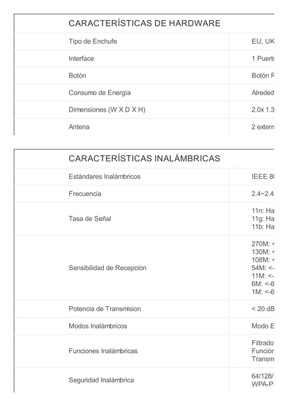 Repetidor / Extensor de Cobertura WiFi N, 300 Mbps, 2.4 GHz , con 1 puerto 10/100 Mbps y 2 antenas externas