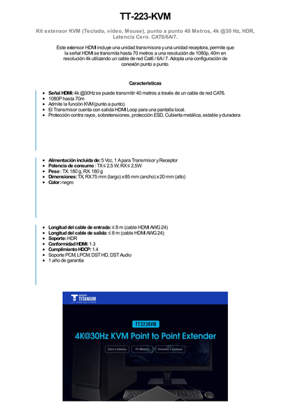 Kit extensor KVM (HDMI y USB) | 40m 4k@30Hz 40m | 1080P@60Hz | Cat 6, 6a y 7 | CERO LATENCIA | HDR | Salida Loop | Uso 24/7 | Salida de audio de 3.5mm | Transmite el Video y Controla tu DVR vía USB a distancia.