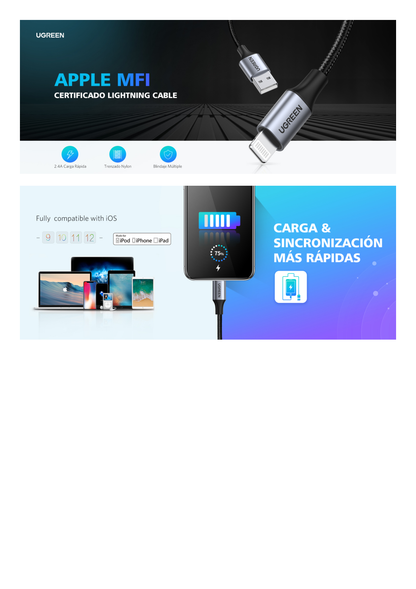 Cable USB-A a Lightning | 1 Metro | Certificado MFi | Carga Rápida 5V/2.4 A | 480 Mbps | Conector C94 | Adecuado para iPhone, iPad y iPod | Protección Integrada | Caja de Aluminio | Nylon Trenzado | Color Negro.