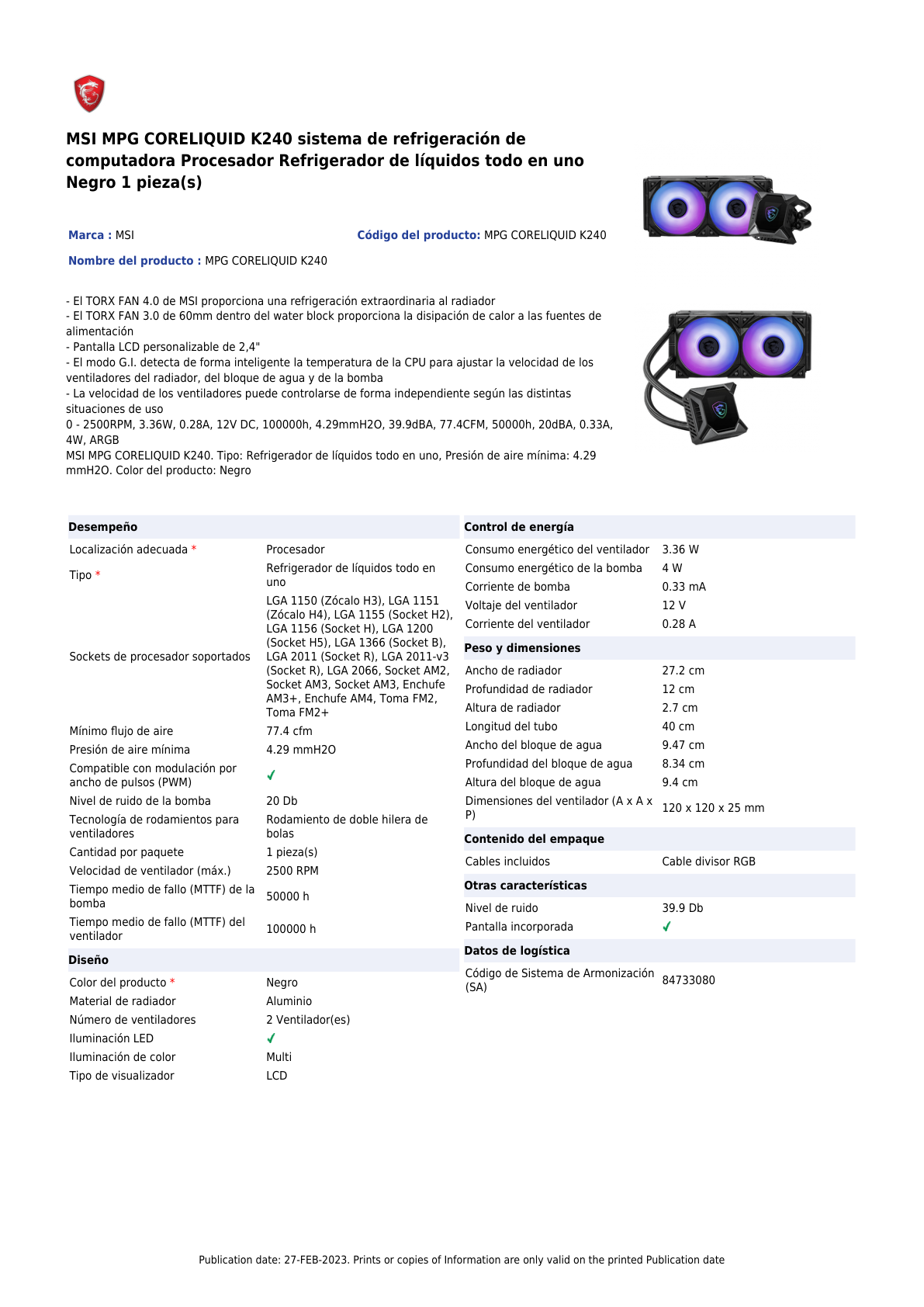 Enfriamiento Líquido MSI ARGB 240mm Pantalla LCD Compatible LGA 1700 AM5