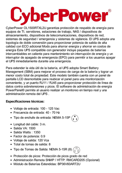 UPS de 1500 VA/1350 W, Online Doble Conversión, Entrada 120 Vca NEMA 5-15P, Onda Senoidal Pura, Rack o Torre de 2 UR, Con  8 Tomas NEMA 5-15R