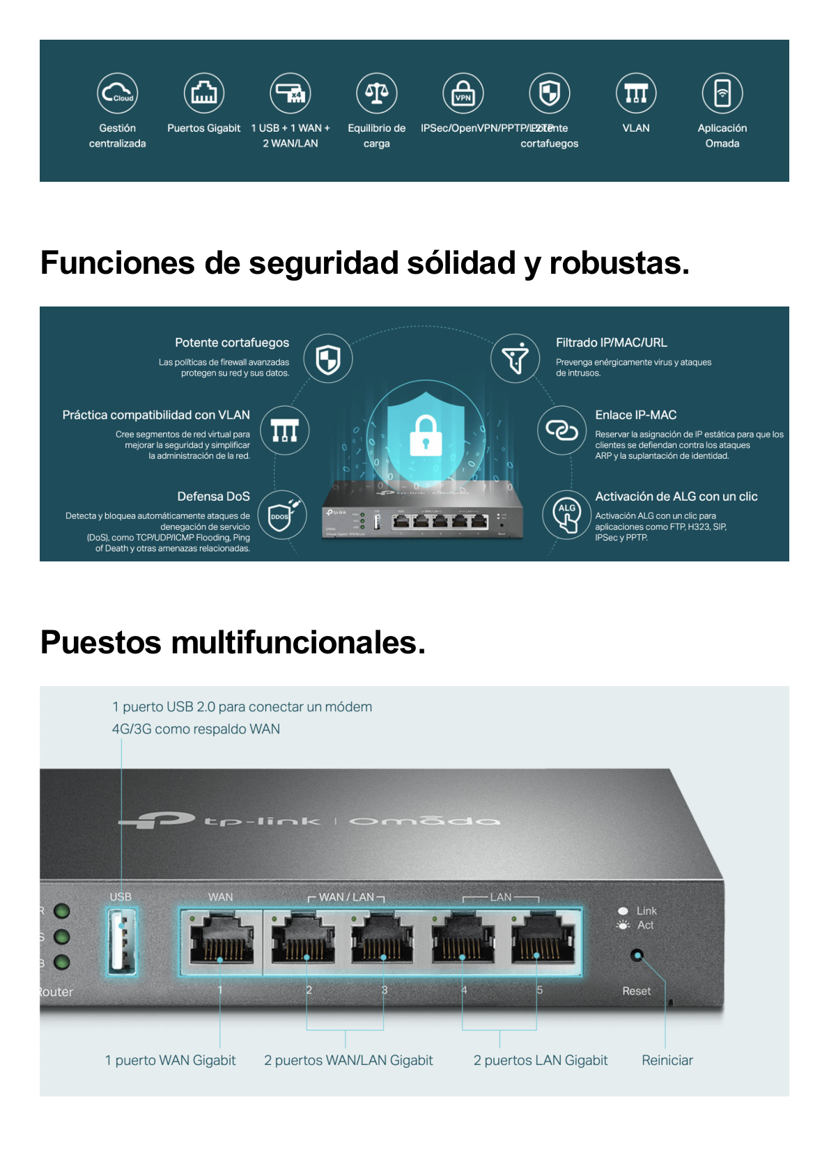 Router Omada VPN / SDN Multi-WAN Gigabit / 1 Puerto WAN Gigabit / 2 Puertos LAN Gigabit / 2 Puertos configurables LAN/WAN / 150,000 Sesiones Concurrentes / Administración Centralizada OMADA o Stand-Alone / 1 Puerto USB 2.0